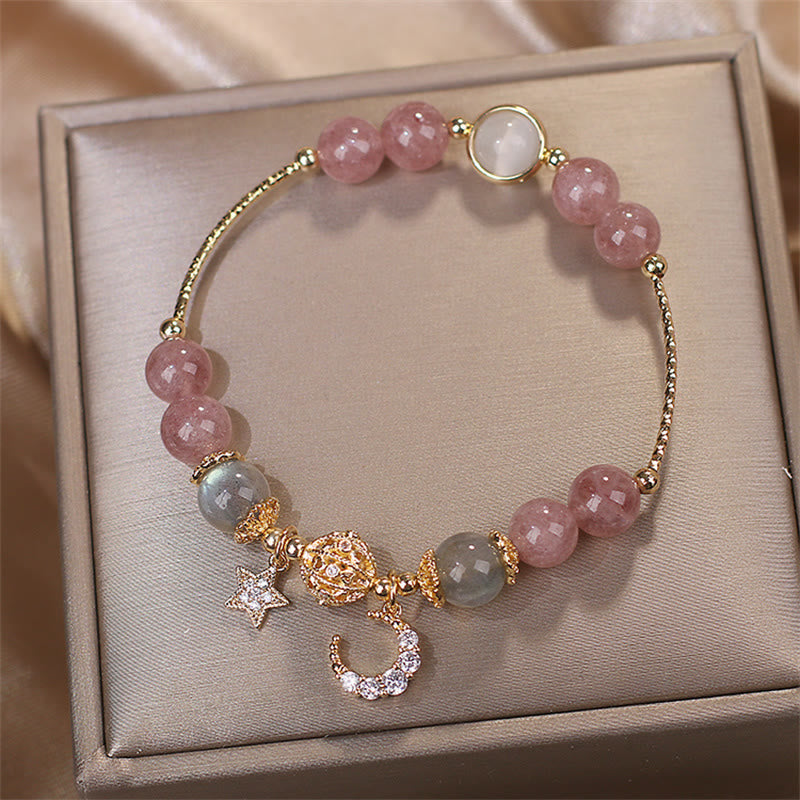 Wear FengShui Strawberry Quartz Moonstone Moon Star Love Bracelet