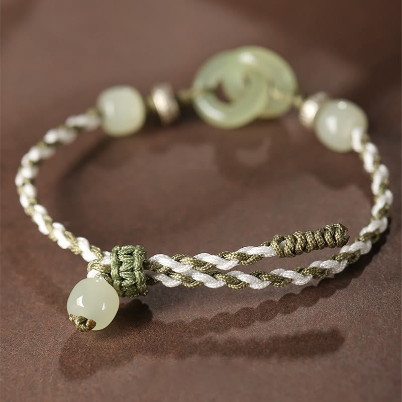 Wear FengShui Natural Hetian Jade Peace Buckle Luck Braided Bracelet