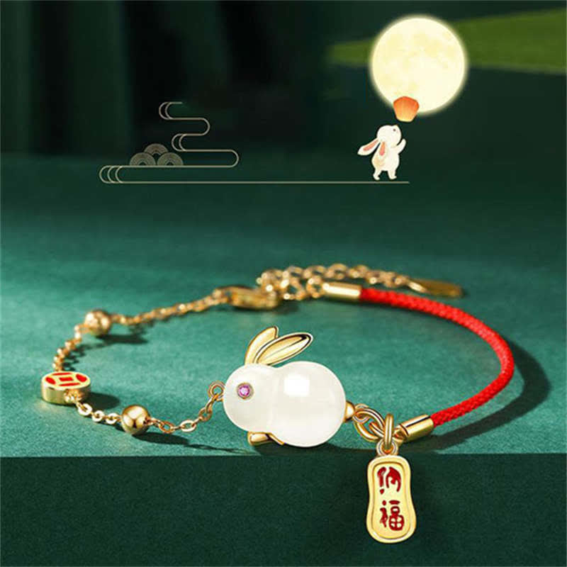 Wear FengShui Year of the Rabbit White Jade Happiness Red String Chain Bracelet