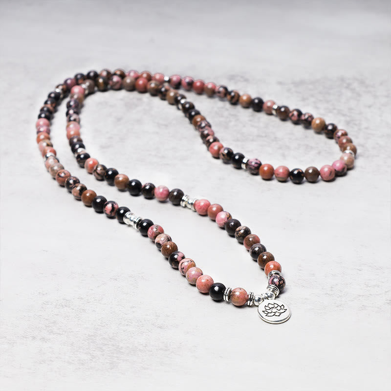 Wear FengShui 108 Mala Beads Rhodonite Lotus Compassion Energy Bracelet
