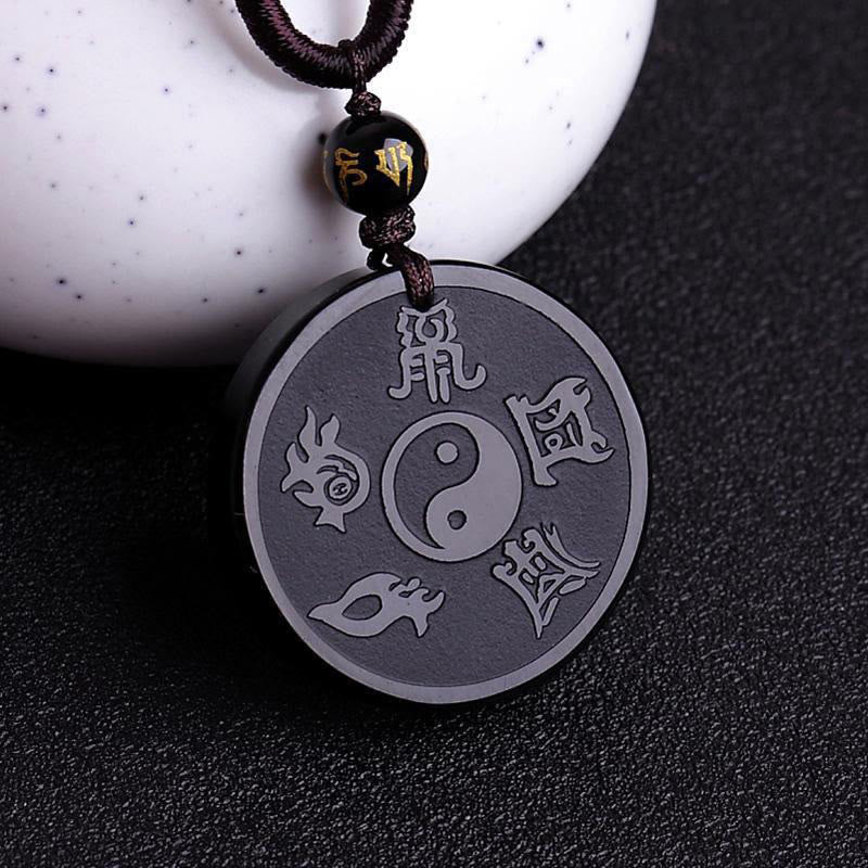 Wear FengShui Natural Black Obsidian Taoism Five Sacred Mountains Nine-Character Mantra Carved Strength Yin Yang Necklace Pendant Key Chain