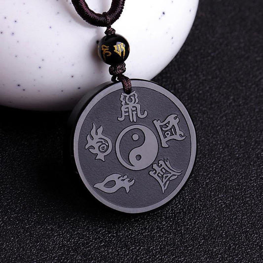 Wear FengShui Natural Black Obsidian Taoism Five Sacred Mountains Nine-Character Mantra Carved Strength Yin Yang Necklace Pendant Key Chain