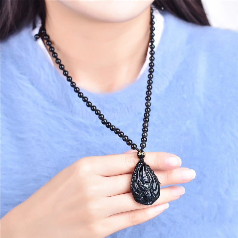 Wear FengShui Natural Rainbow Obsidian Nine Tailed Fox Inner Peace Necklace Beaded String Pendant