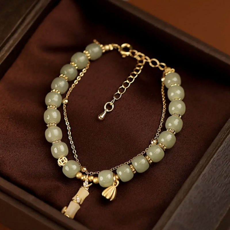 Wear FengShui Natural Hetian Jade Prosperity Lotus Bamboo Charm Bracelet