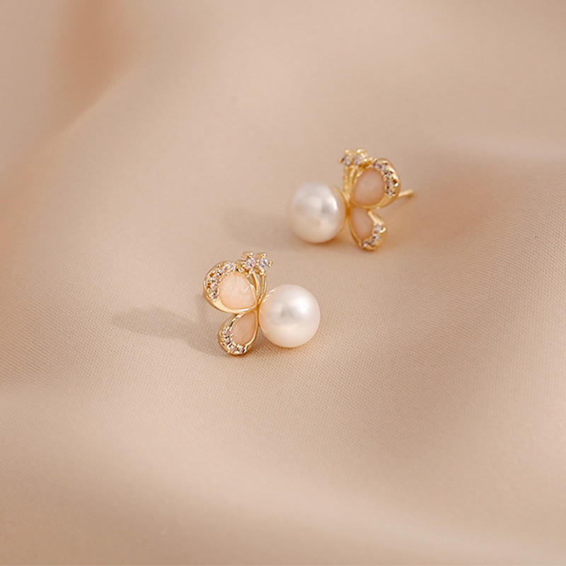 Wear FengShui 18k Gold Plated Pearl Butterfly Love Freedom Stud Earrings