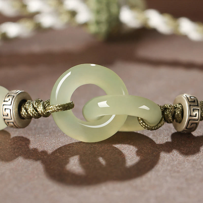 Wear FengShui Natural Hetian Jade Peace Buckle Luck Braided Bracelet