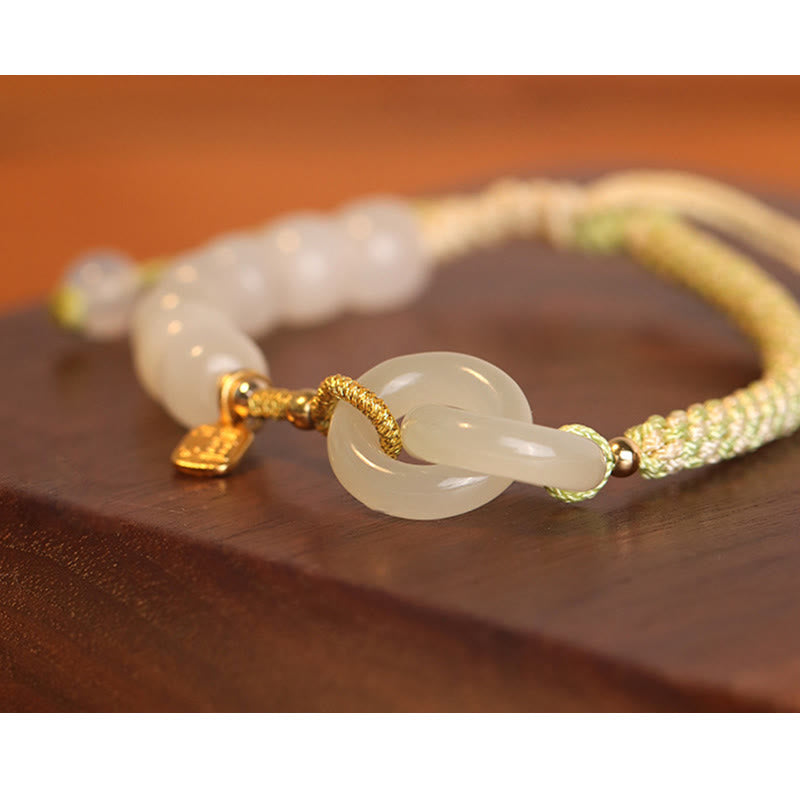 Wear FengShui Natural Hetian Jade Bead Double Peace Buckle Fu Character Abundance Braided Bracelet