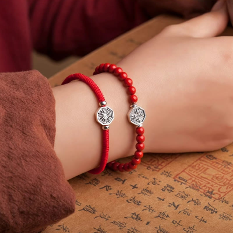 Wear FengShui 925 Sterling Silver Yin Yang Bagua Symbol Cinnabar String Concentration Bracelet