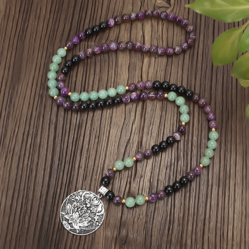 Wear FengShui 108 Mala Beads Amethyst Green Aventurine Lotus Meditation Bracelet