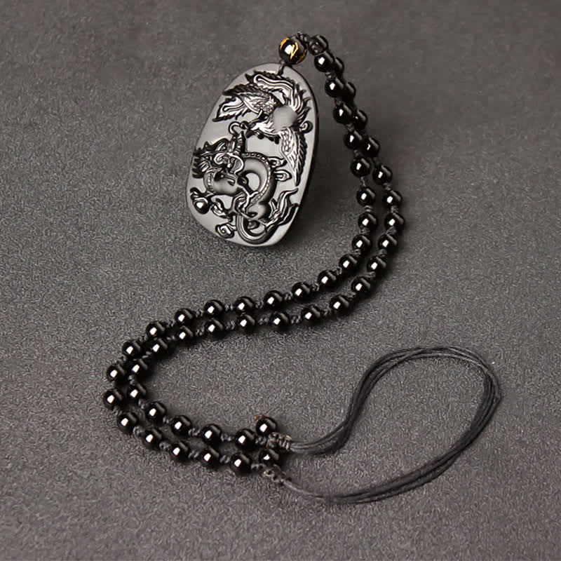 Wear FengShui Black Obsidian Tiger Eye Dragon Phoenix Protection Beaded Necklace Pendant
