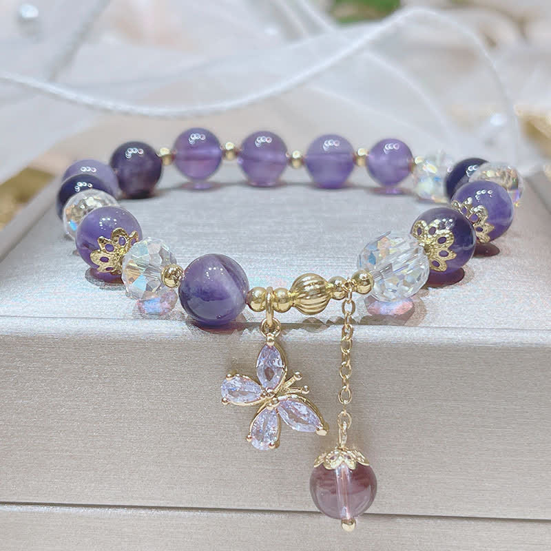 Wear FengShui Natural Amethyst Crystal Spiritual Butterfly Charm Bracelet