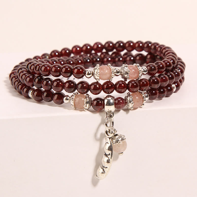Wear FengShui Natural Garnet Strawberry Quartz Green Beans PiXiu Protection Triple Wrap Bracelet