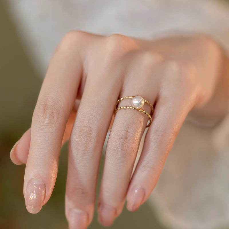 Wear FengShui Round Jade Pearl Bead Double Layer Copper Luck Adjustable Ring