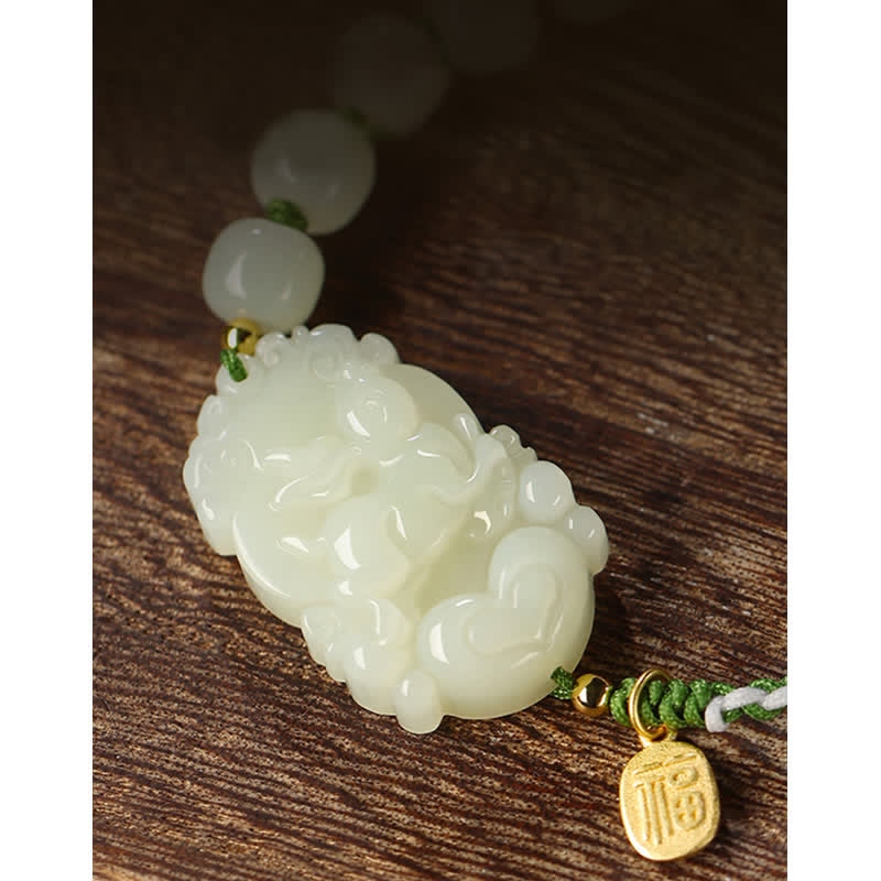 Wear FengShui 925 Sterling Silver Chinese Zodiac Hetian Jade Happiness Luck String Bracelet