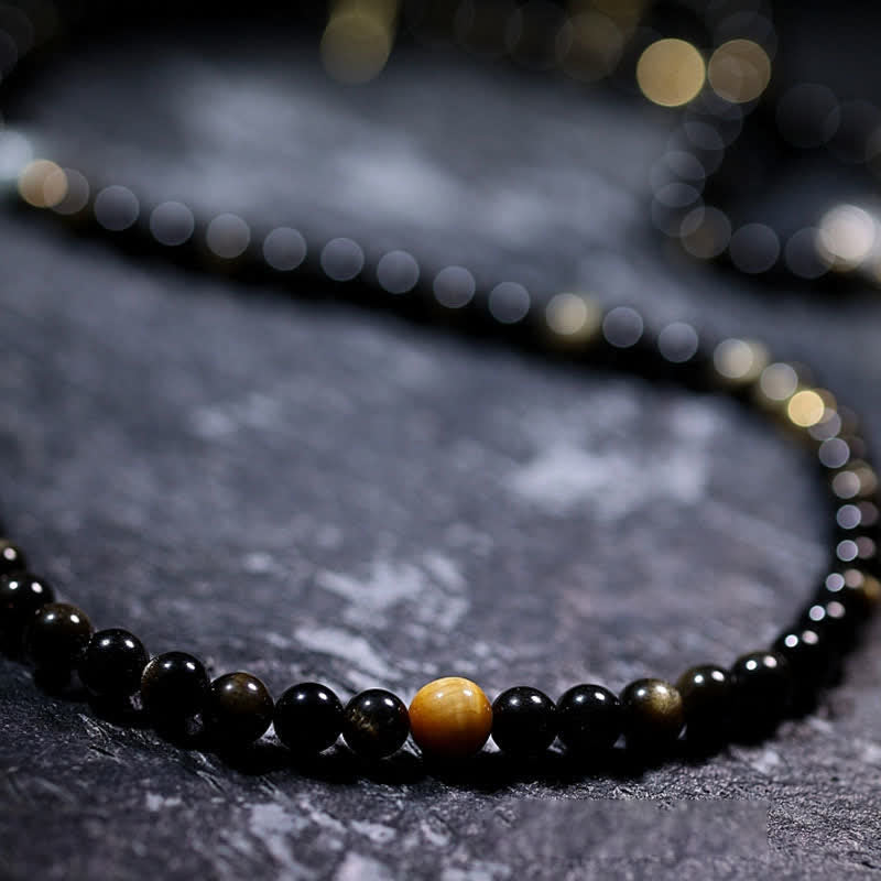 Wear FengShui 108 Mala Beads Gold Sheen Obsidian Tiger Eye Eagle's Eye Stone Wealth Bracelet