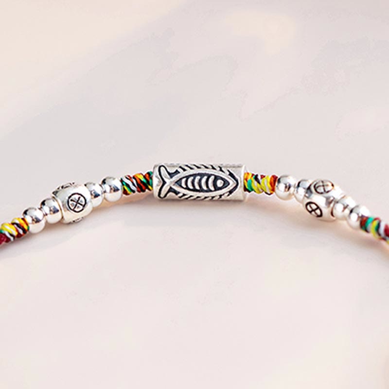 Wear FengShui 925 Sterling Silver Luck Koi Fish Braided Colorful String Bracelet Anklet