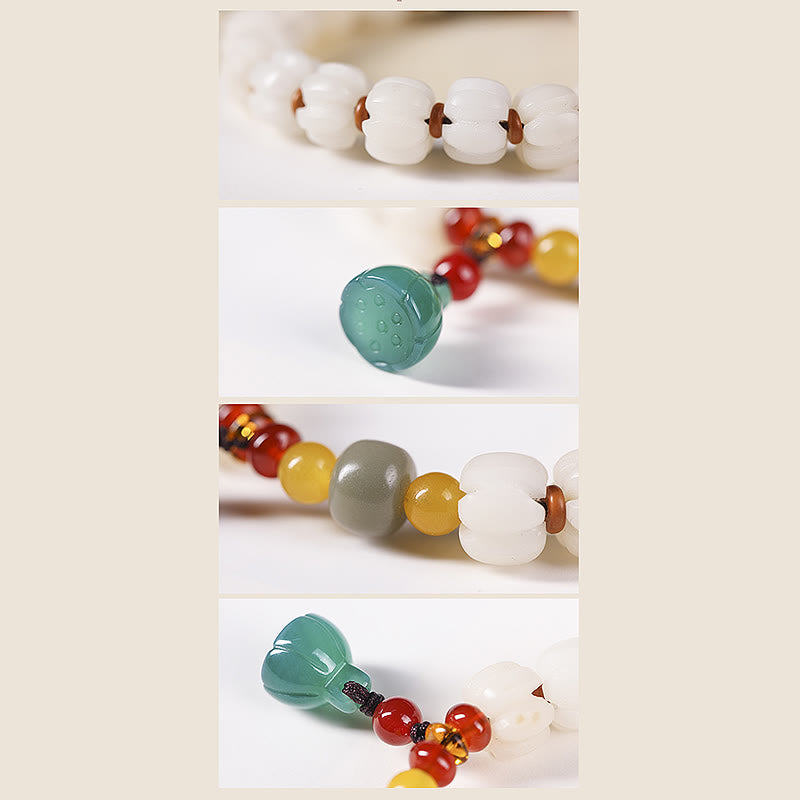 Wear FengShui Natural Bodhi Seed Red Agate Bodhi Calm Harmony Engraved Pumpkin Bead Lotus Bracelet