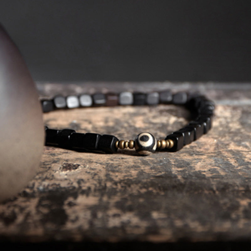 Wear FengShui Ebony Wood Dzi Bead Copper Peace Couple Bracelet