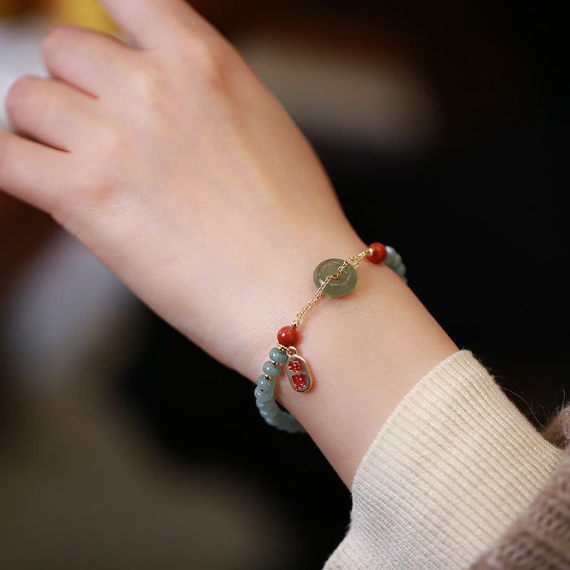 Wear FengShui Natural Hetian Jade Red Agate Peace Buckle Lucky Fortune Bracelet