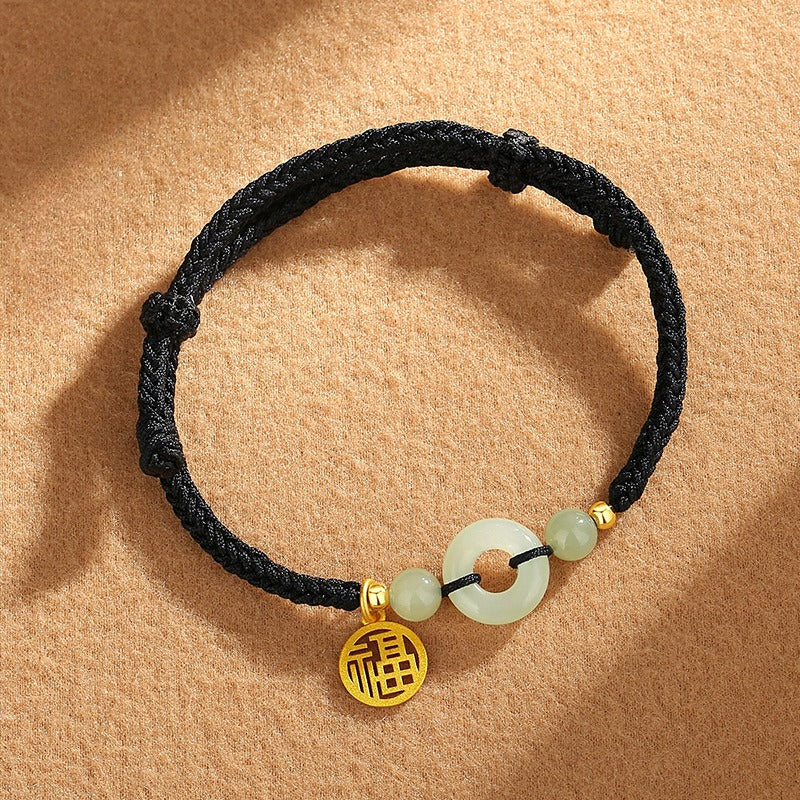 Hetian Jade Peace Circle Couple Bracelet with S925 Silver Accents