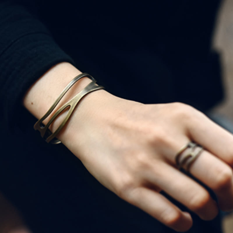 Wear FengShui Vintage Curved Copper Brass Wealth Adjustable Cuff Bracelet Bangle