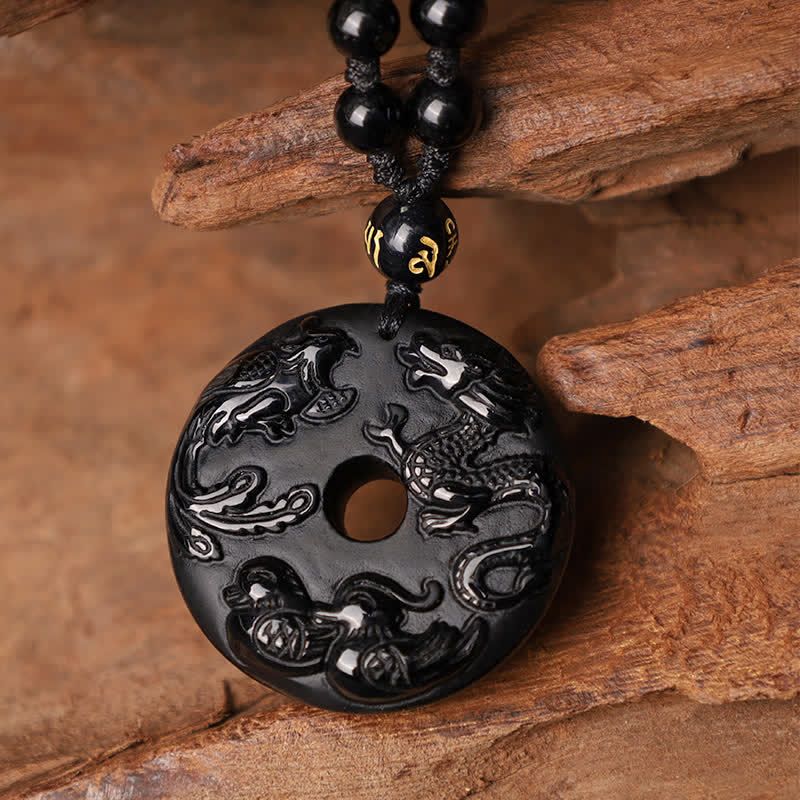 Wear FengShui Black Obsidian Dragon Phoenix Mandarin Duck Luck Protection Necklace Pendant