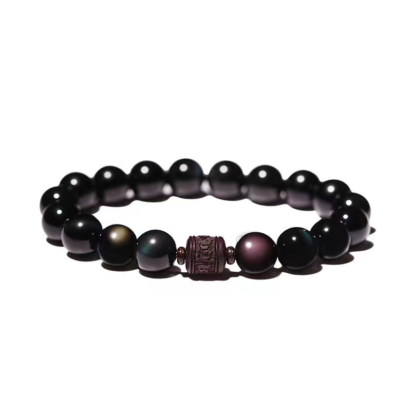 Wear FengShui Natural Gold Sheen Obsidian Rainbow Obsidian Om Mani Padme Hum Fu Character Healing Bracelet
