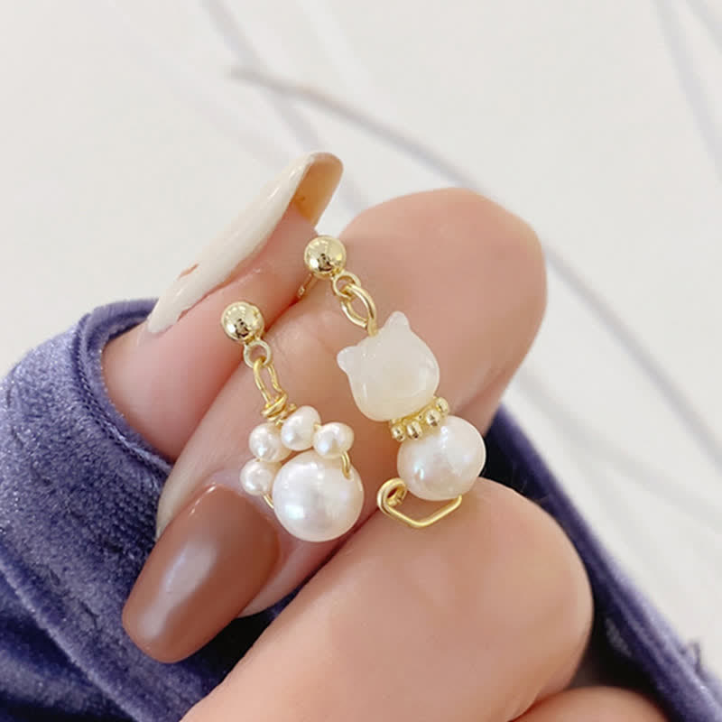 Wear FengShui Cute Cat Paw Pearl Wisdom Stud Drop Earrings