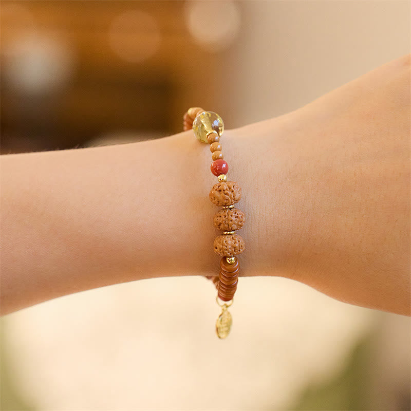 Wear FengShui Tibetan Bodhi Seed Black Onyx Smoky Quartz Om Mani Padme Hum Fu Character Wealth Bracelet