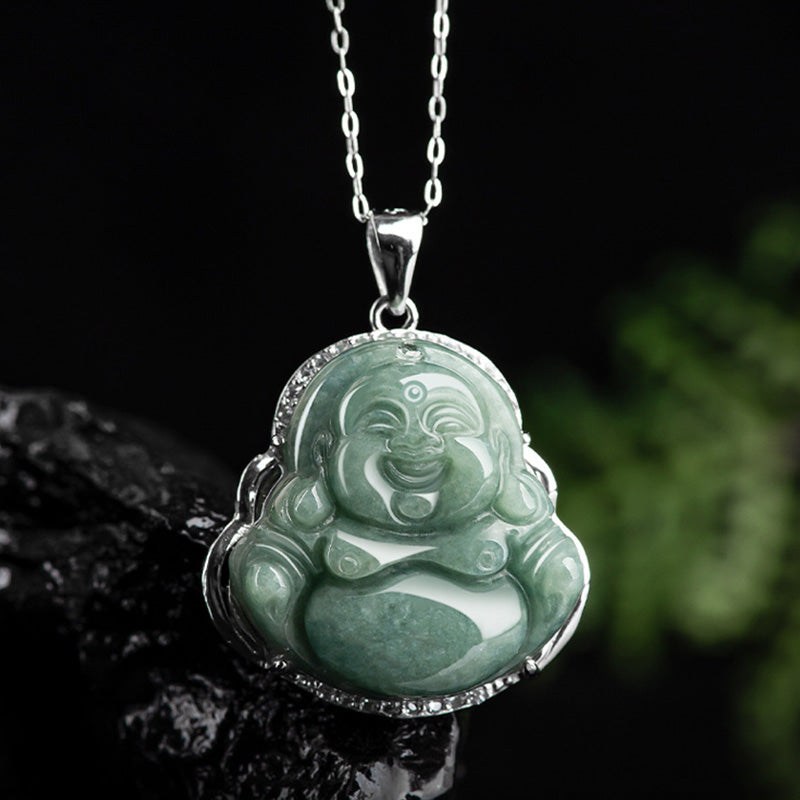 Wear FengShui Laughing Buddha Jade Abundance Necklace Titanium Steel Chain Pendant