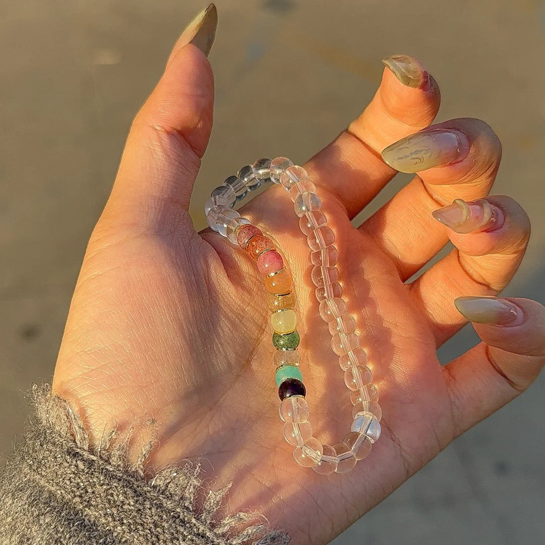 Tibetan Angled-Cut White Crystal Bracelet with Multicolor Crystals – Top-Grade Clear Quartz, Stress-Relieving & Meditation-Friendly