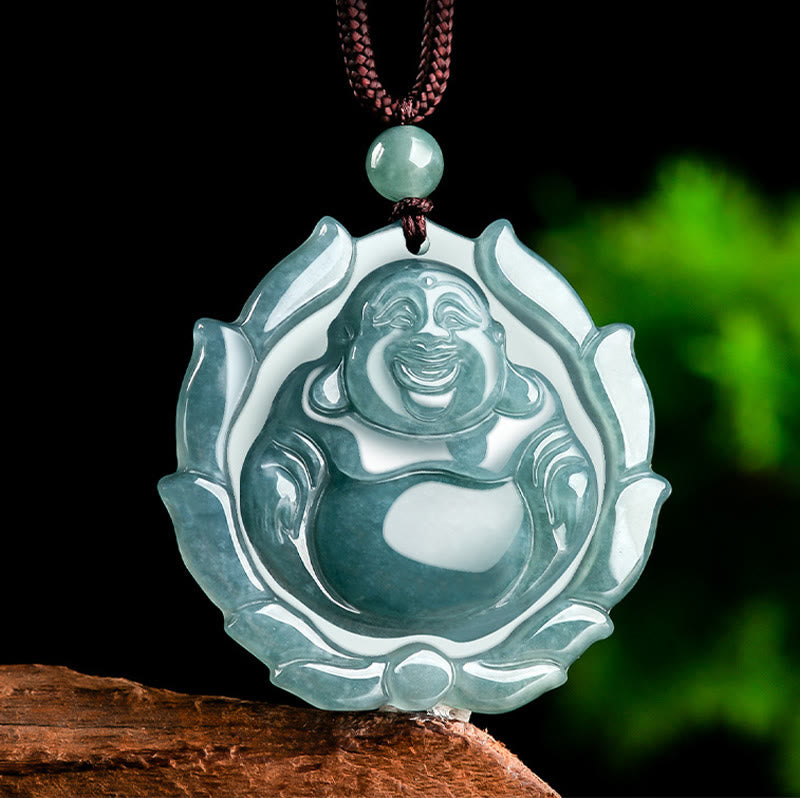 Wear FengShui Natural Jade Laughing Buddha Lotus Pattern Luck Necklace Pendant