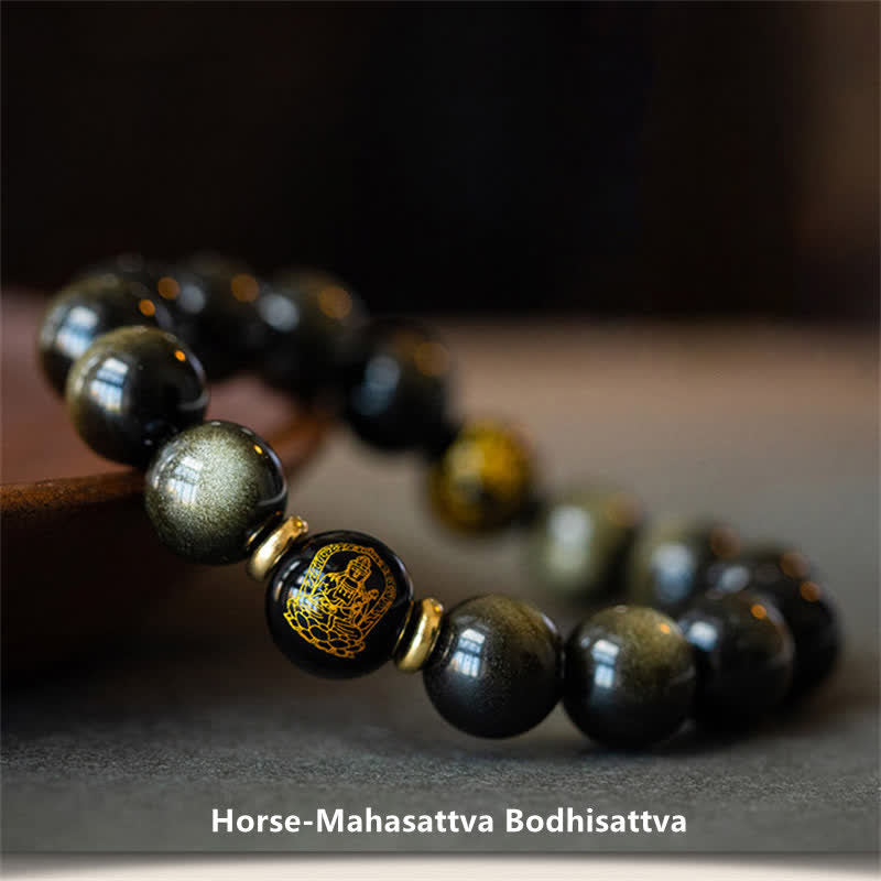 Wear FengShui Chinese Zodiac Natal Buddha Gold Sheen Obsidian Wealth Protection Bracelet