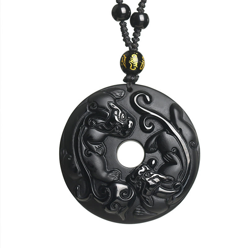 Wear FengShui Natural Black Obsidian Peace Buckle Pixiu Bead Rope Strength Necklace Pendant