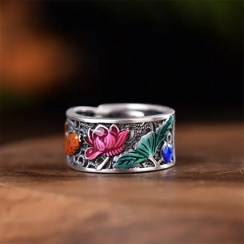 Wear FengShui Copper Blue Enamel Lotus Heart Sutra Koi Fish Luck Ring