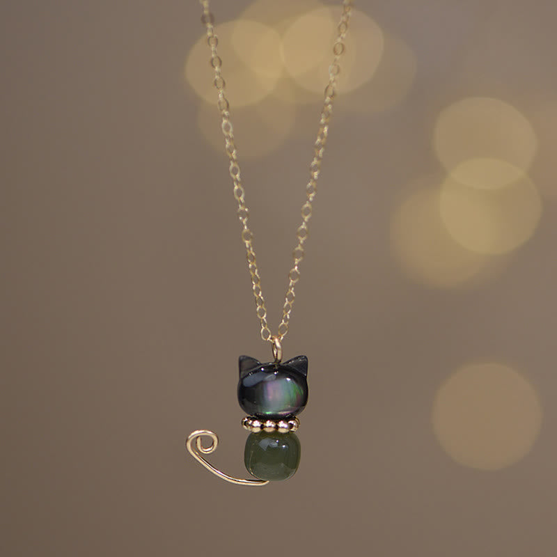 Wear FengShui 14K Gold Plated Pearl Hetian Jade Shell Luck Cat Kitten Necklace Pendant