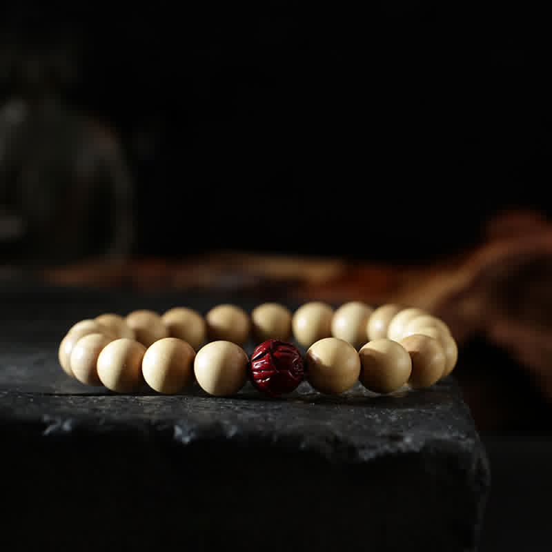 Wear FengShui Tibet Peach Wood Lotus Cinnabar Bagua Yin Yang Luck Wealth Bracelet