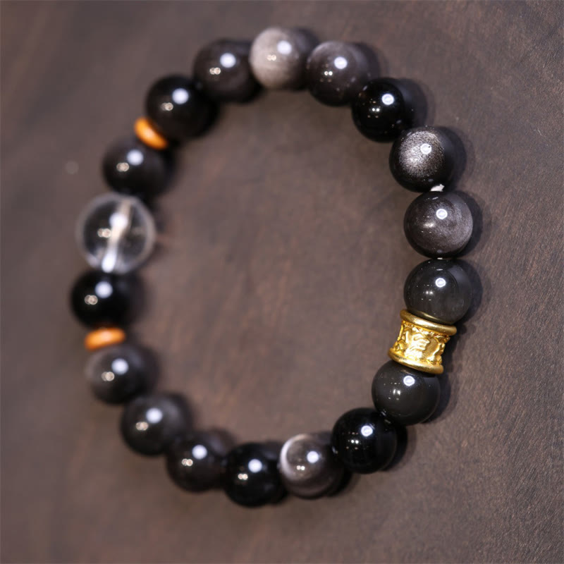 Wear FengShui Natural Silver Sheen Obsidian Crystal Om Mani Padme Hum Bead Protection Bracelet