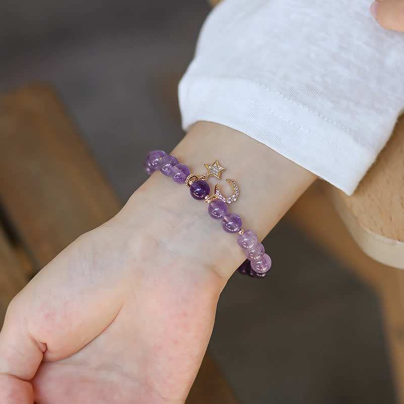 Wear FengShui Amethyst Crystal Moon Star Healing Bracelet