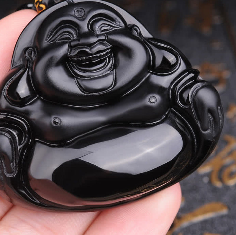 Wear FengShui Laughing Buddha Black Obsidian Transformation Pendant Necklace