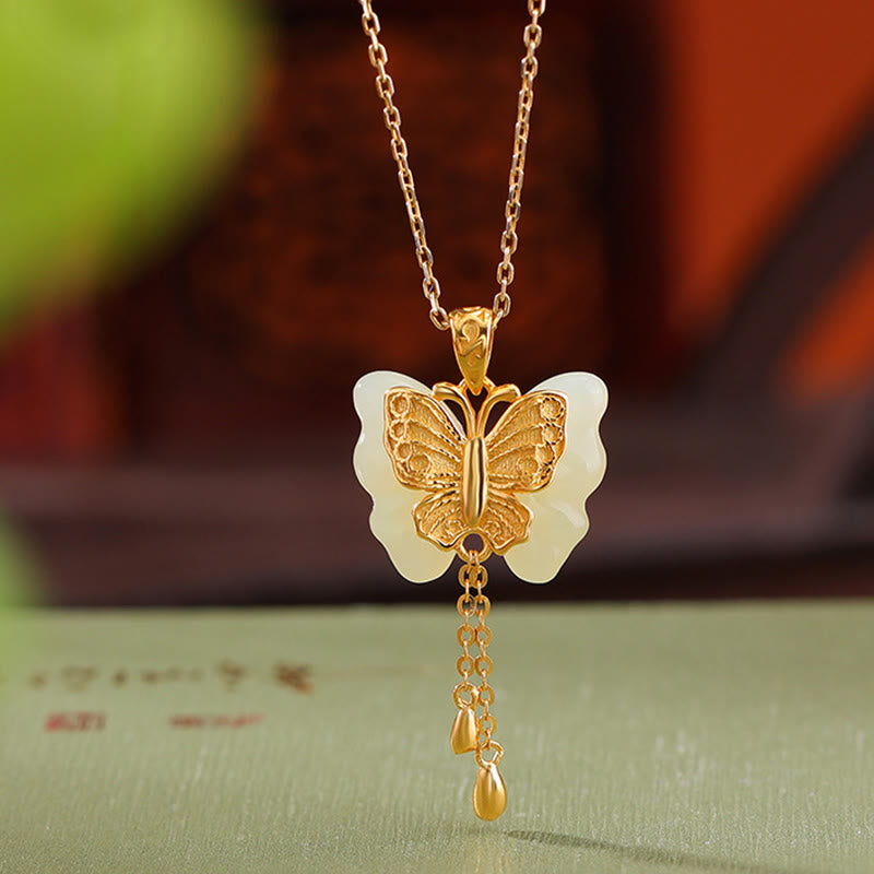 Wear FengShui 925 Sterling Silver Plated Gold Hetian White Jade Butterfly Blessing Necklace Pendant