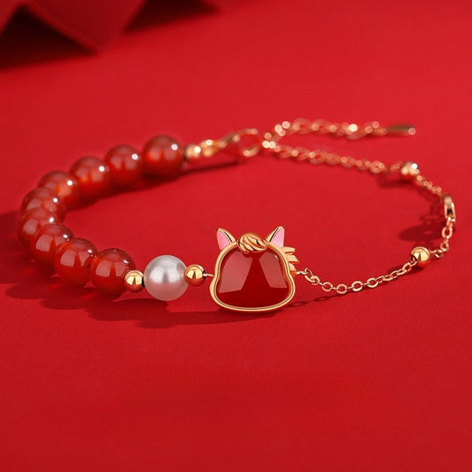 Women’s S925 Silver Cute Horse Jewelry Set – Red Agate Zodiac Horse Bracelet, Necklace, Earrings