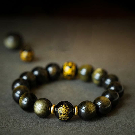 Wear FengShui Chinese Zodiac Natal Buddha Gold Sheen Obsidian Wealth Protection Bracelet