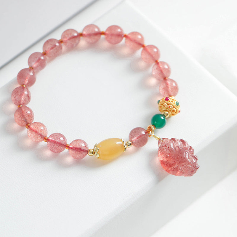Wear FengShui Natural Strawberry Quartz Nine Tailed Fox Healing Bracelet