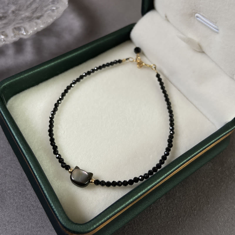 Wear FengShui 14K Gold Plated Black Spinel White Crystal Cute Cat Tridacna Stone Healing Bracelet