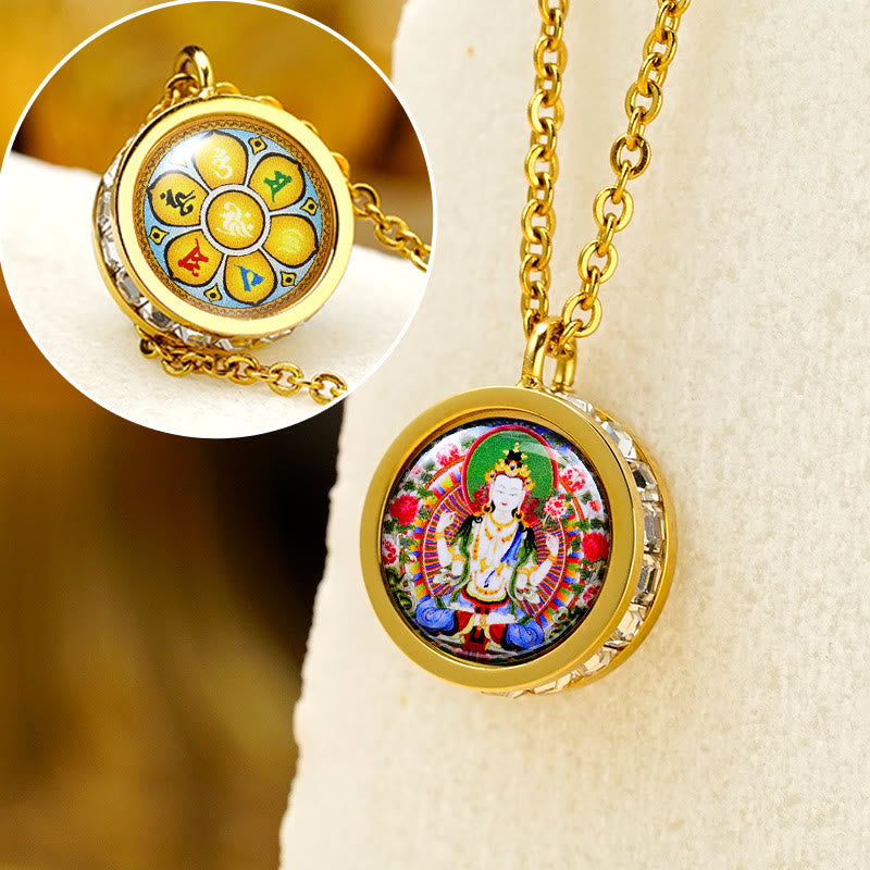 Wear FengShui Tibetan Yellow God Of Wealth Green Tara Buddha Serenity Titanium Steel Necklace Pendant