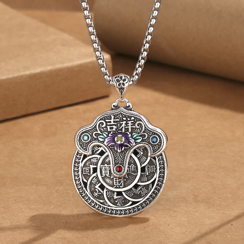 Wear FengShui Peony Flower Copper Coins Wealth Necklace Pendant