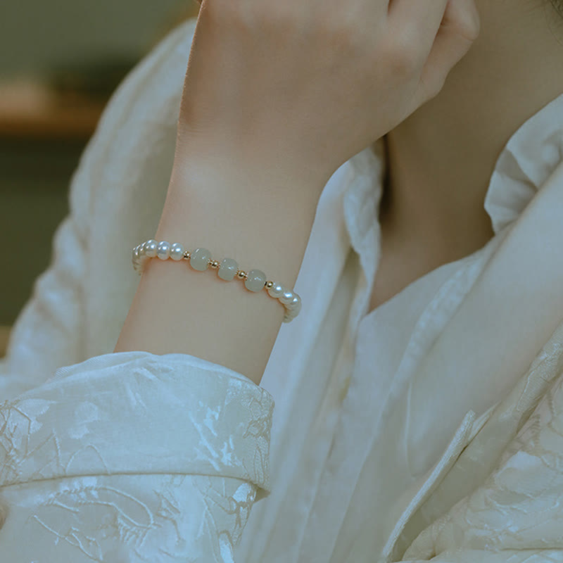 Wear FengShui 14K Gold Plated Natural Pearl Hetian Cyan Jade White Jade Sincerity Bead Chain Bracelet