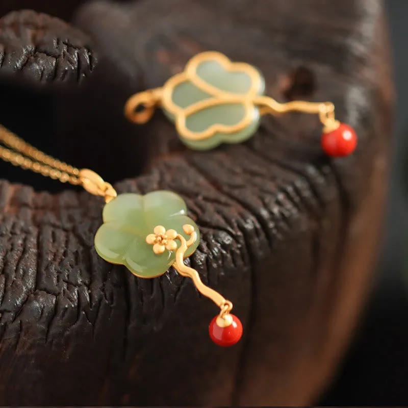 Wear FengShui Vintage Plum Blossom Flower Jade Red Agate Prosperity Necklace Pendant