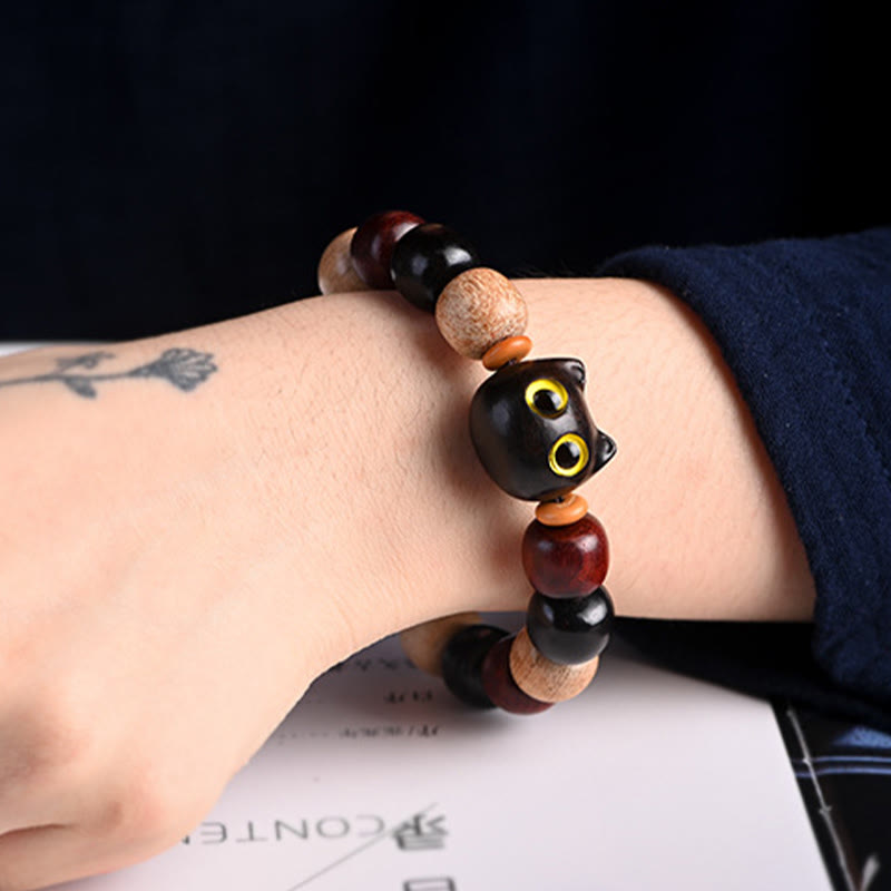 Wear FengShui Small Leaf Red Sandalwood Ebony Wood Cute Cat Engraved Protection Bracelet